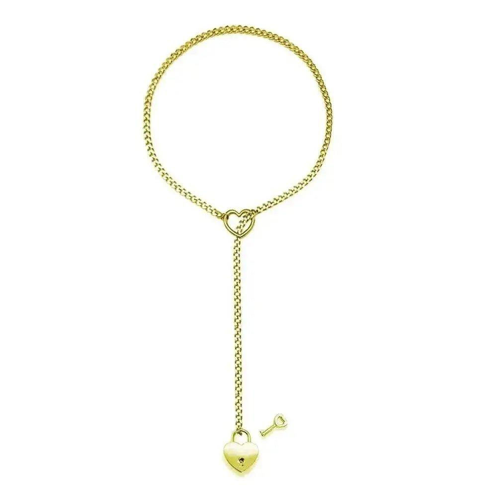 Gold heart lock and key lariat necklace for women's fashion
