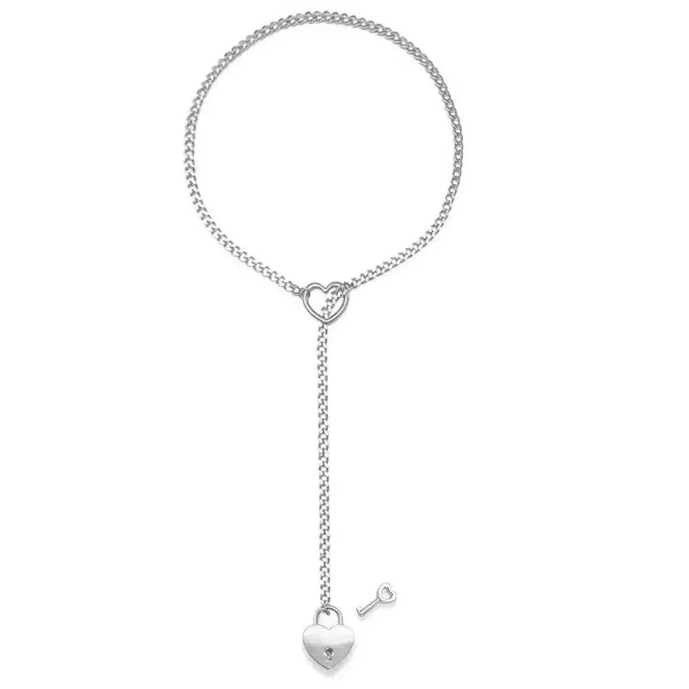 Silver heart lock and key lariat necklace for women's fashion