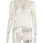 Cream satin lace-trimmed V-neck blouse with short sleeves and front tie, women's fashion