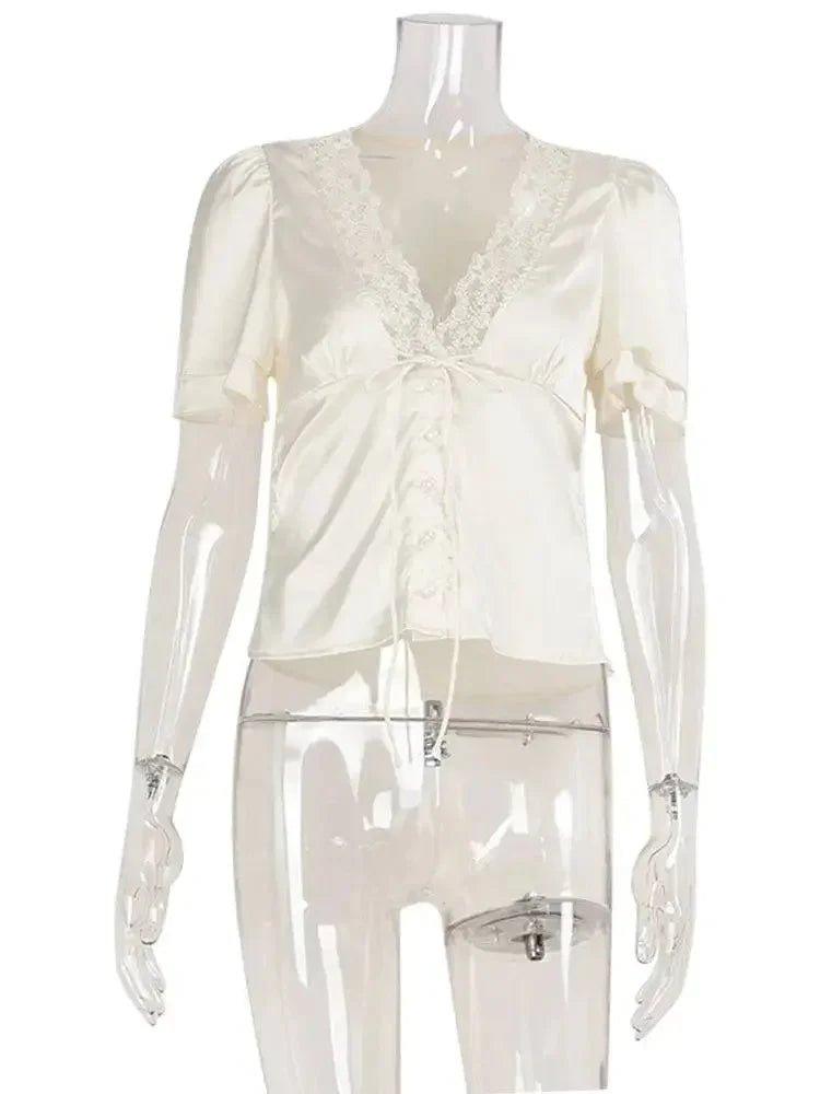 Cream satin lace-trimmed V-neck blouse with short sleeves and front tie, women's fashion