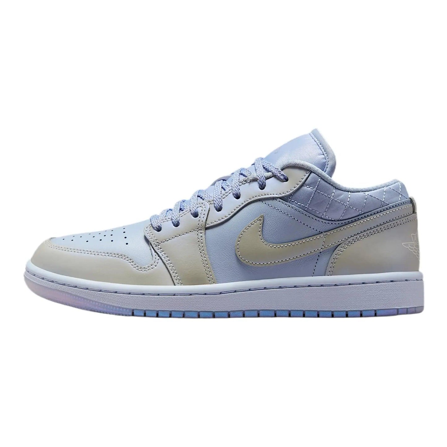 Light blue and beige low-top sneaker with quilted design and white sole for women's fashion