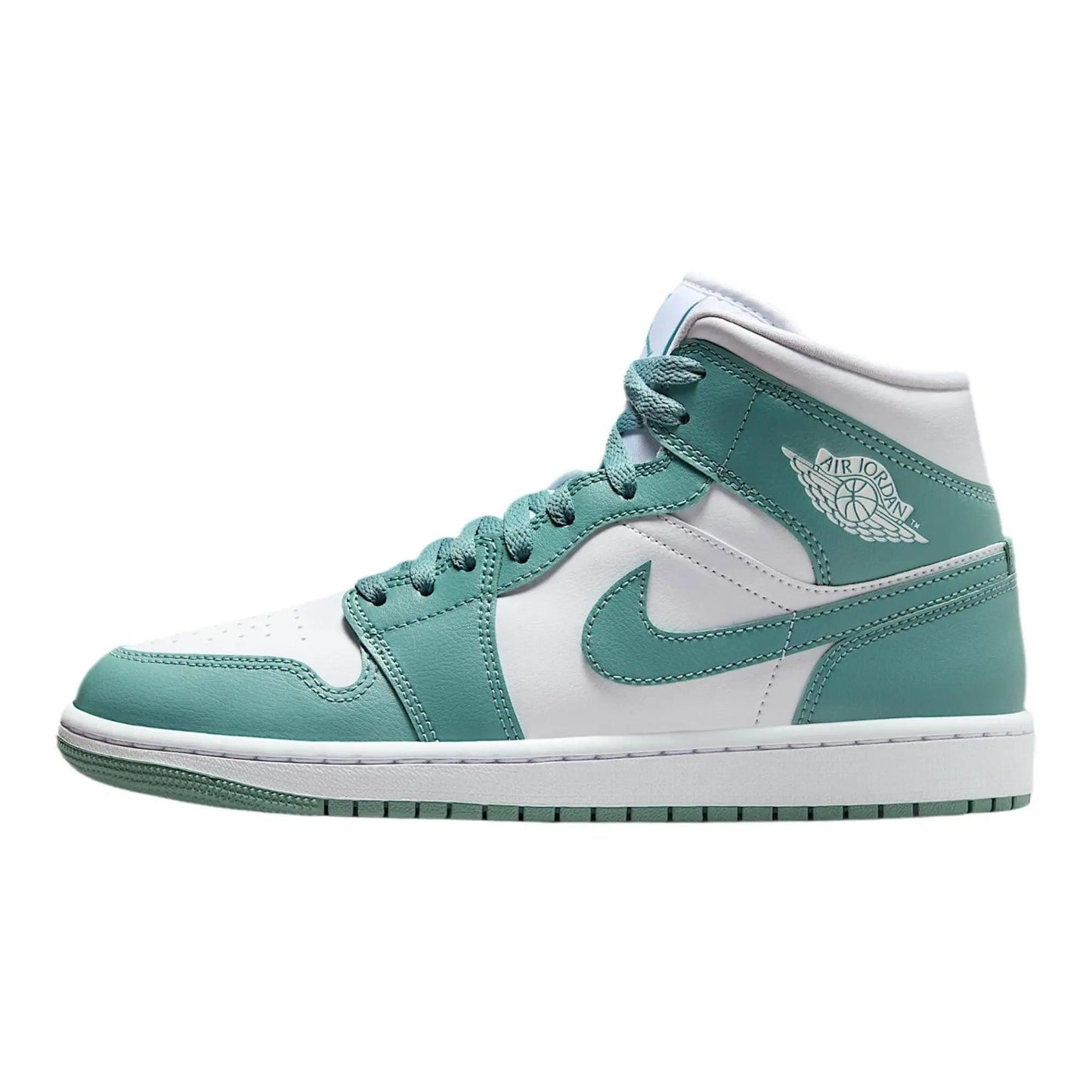 Women's Air Jordan 1 Mid sneaker in white and mint green, featuring iconic wing logo and Nike swoosh.
