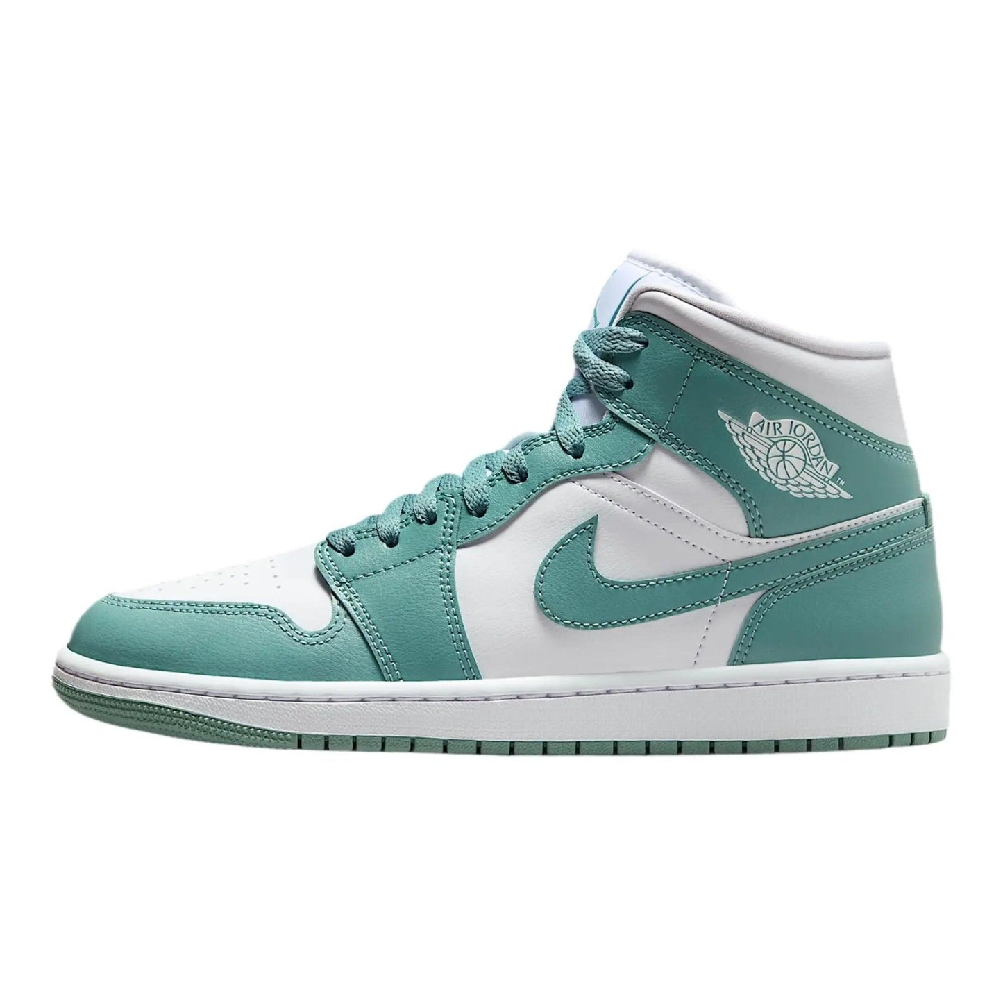 Mint green and white Air Jordan 1 high-top sneaker with Nike swoosh, ideal for women's fashion