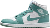 Mint green and white Air Jordan 1 high-top sneaker with Nike swoosh, perfect for women's fashion