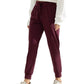 Burgundy drawstring joggers with elastic cuffs, styled with white hoodie and sneakers for casual women's fashion