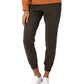 Women's olive green jogger pants with cuffed ankles, paired with white sneakers and an orange hoodie