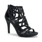 Black strappy high heel sandals with rhinestone embellishments, elegant women's fashion footwear
