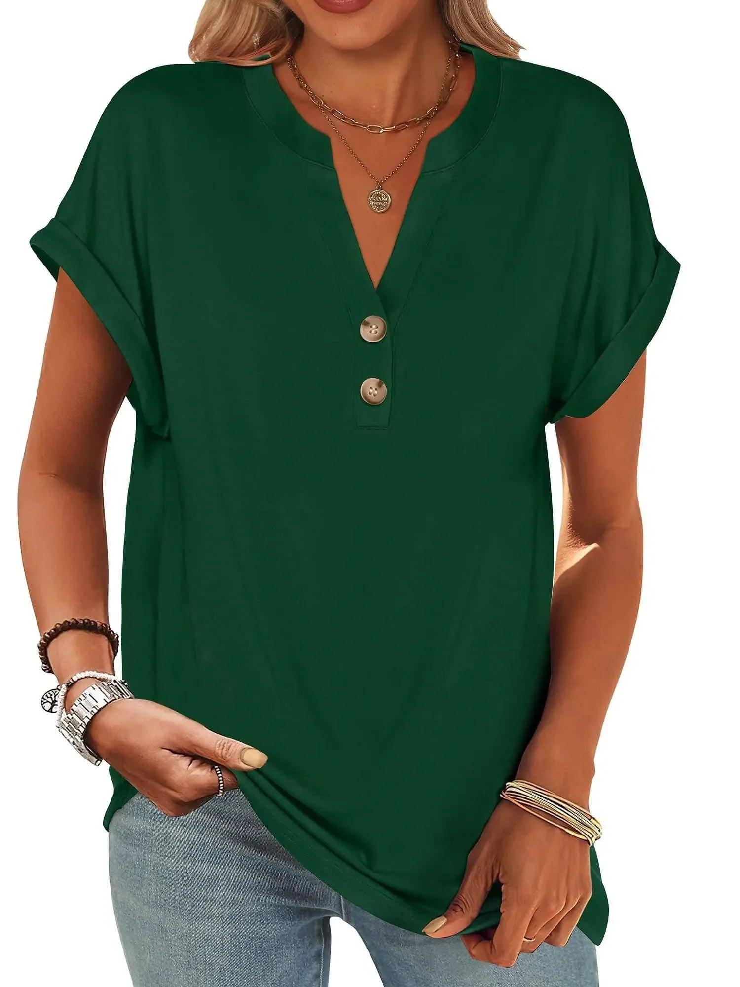 Green women's V-neck button-up t-shirt with rolled sleeves, casual fashion top