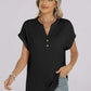 Black women's short sleeve henley top with buttons, casual fashion blouse