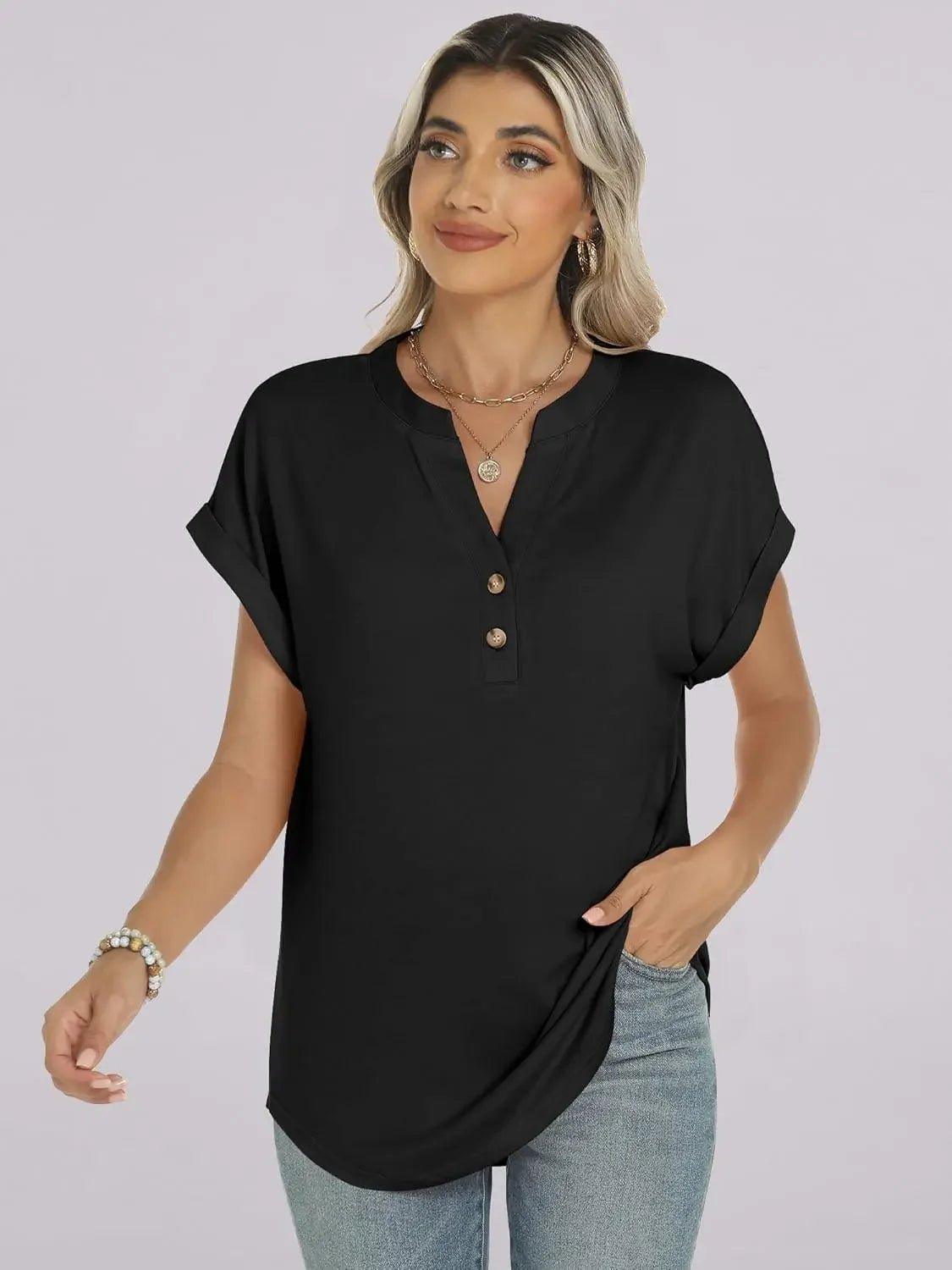 Black women's short sleeve henley top with buttons, casual fashion blouse