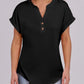 Black women's V-neck button-up t-shirt with rolled sleeves, casual fashion top