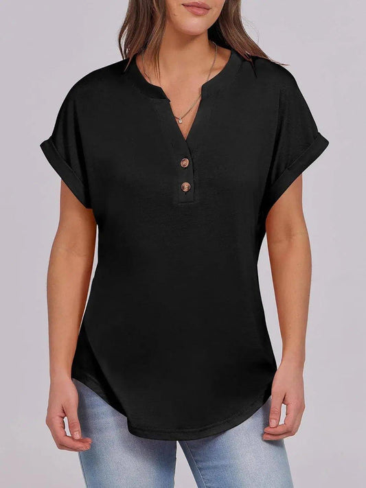 Black women's V-neck button-up t-shirt with rolled sleeves, casual fashion top