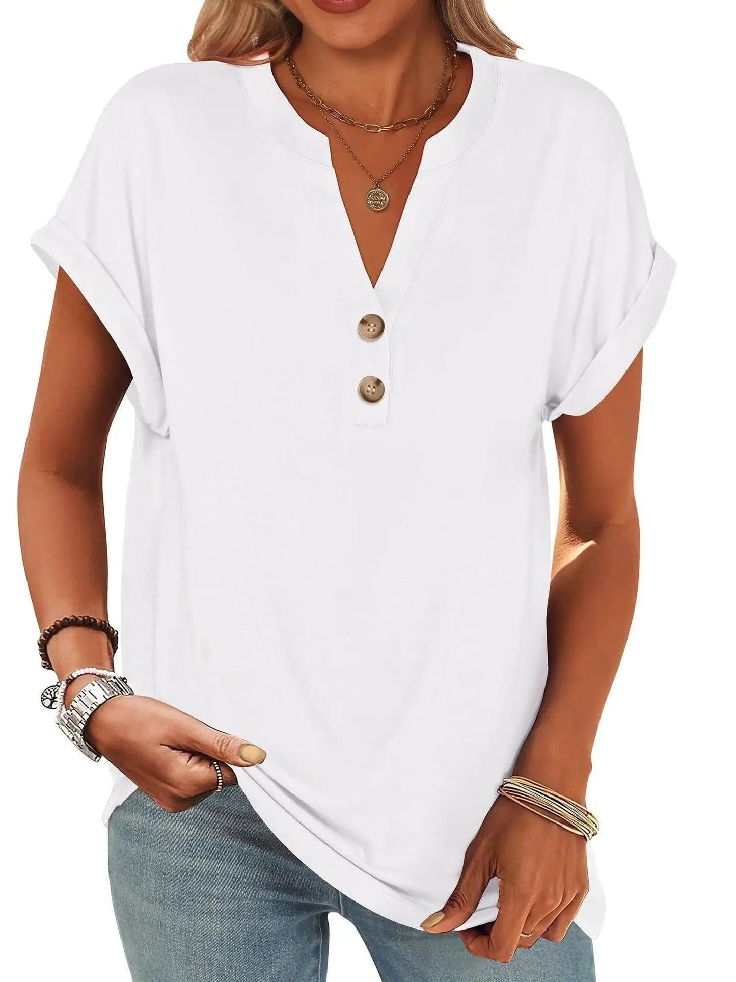 White V-neck button-up women's fashion top with rolled sleeves and layered necklaces