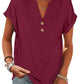 Burgundy women's V-neck button-up t-shirt with rolled sleeves, casual fashion top