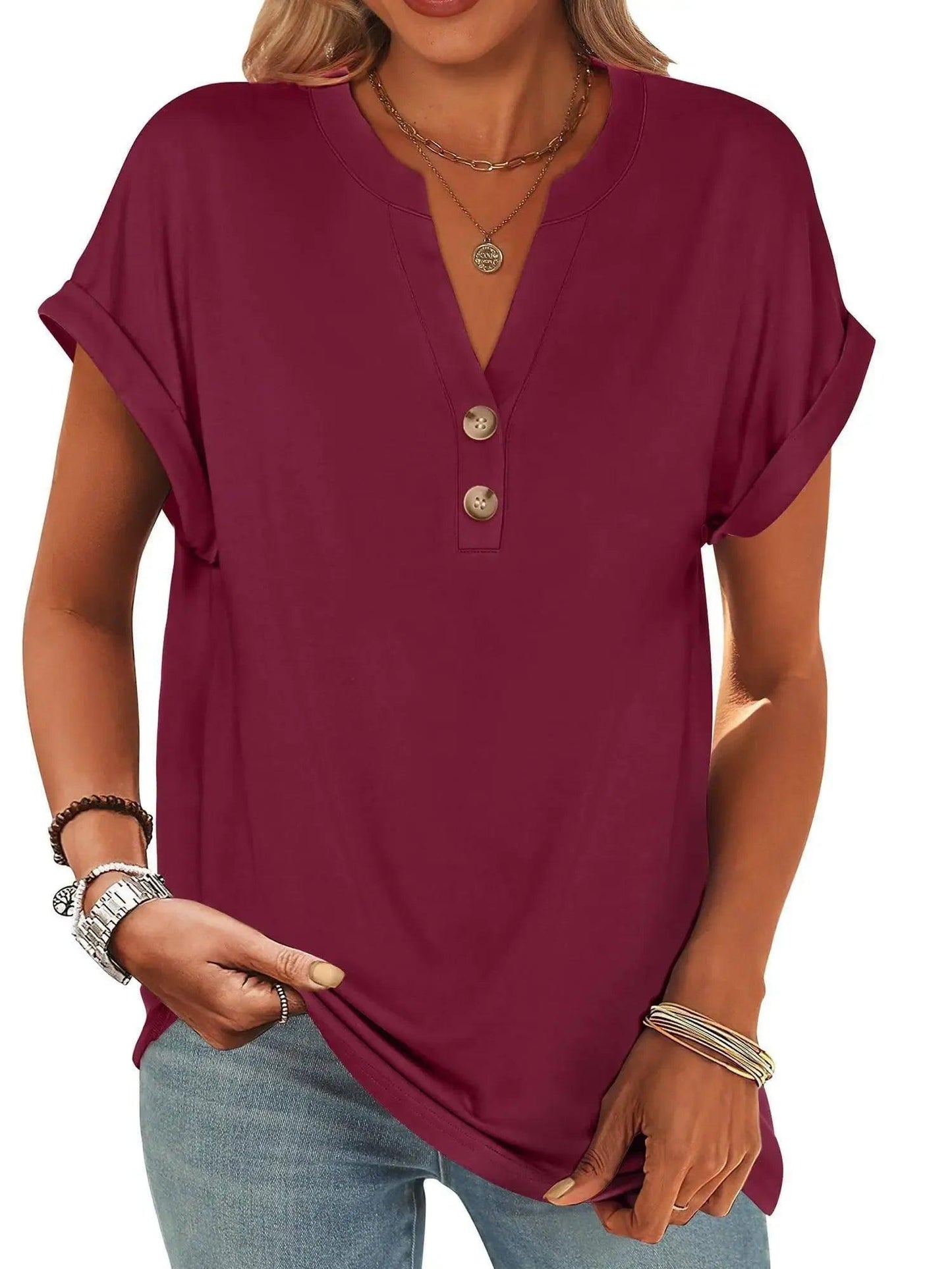 Burgundy women's V-neck button-up t-shirt with rolled sleeves, casual fashion top