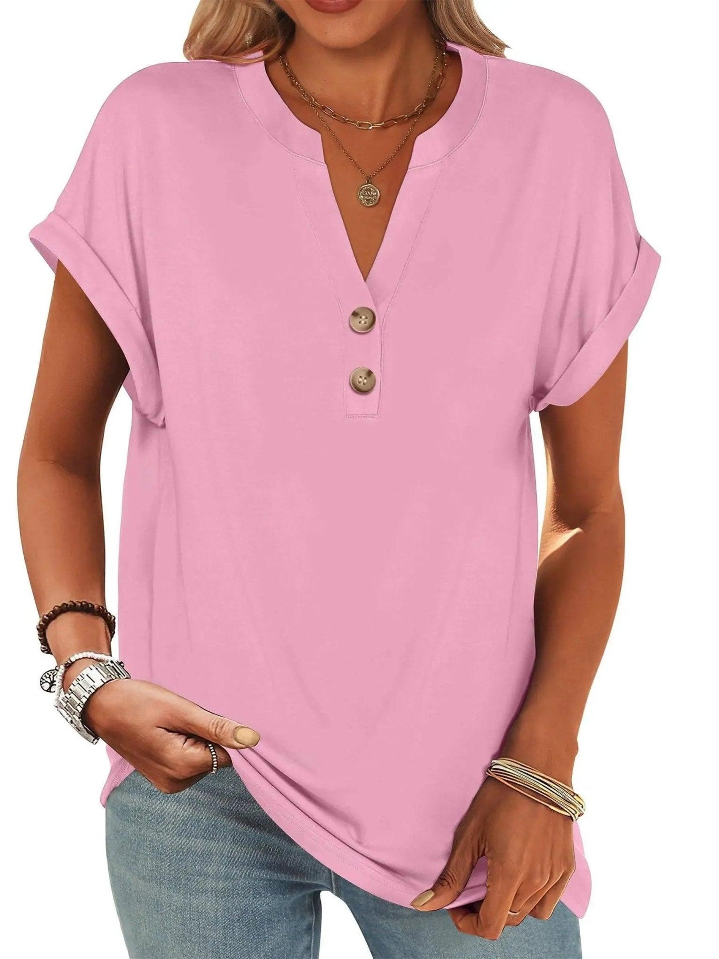 Pink women's V-neck button-up t-shirt with rolled sleeves, casual fashion top