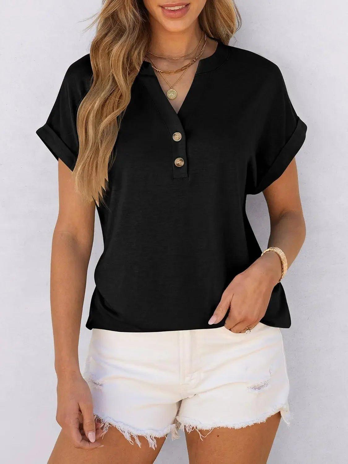 Black V-neck button-up t-shirt with rolled sleeves, paired with white denim shorts for women's fashion