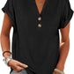 Black women's V-neck button-front t-shirt with rolled sleeves, casual fashion top