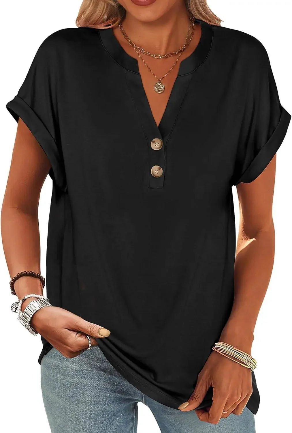 Black women's V-neck button-front t-shirt with rolled sleeves, casual fashion top