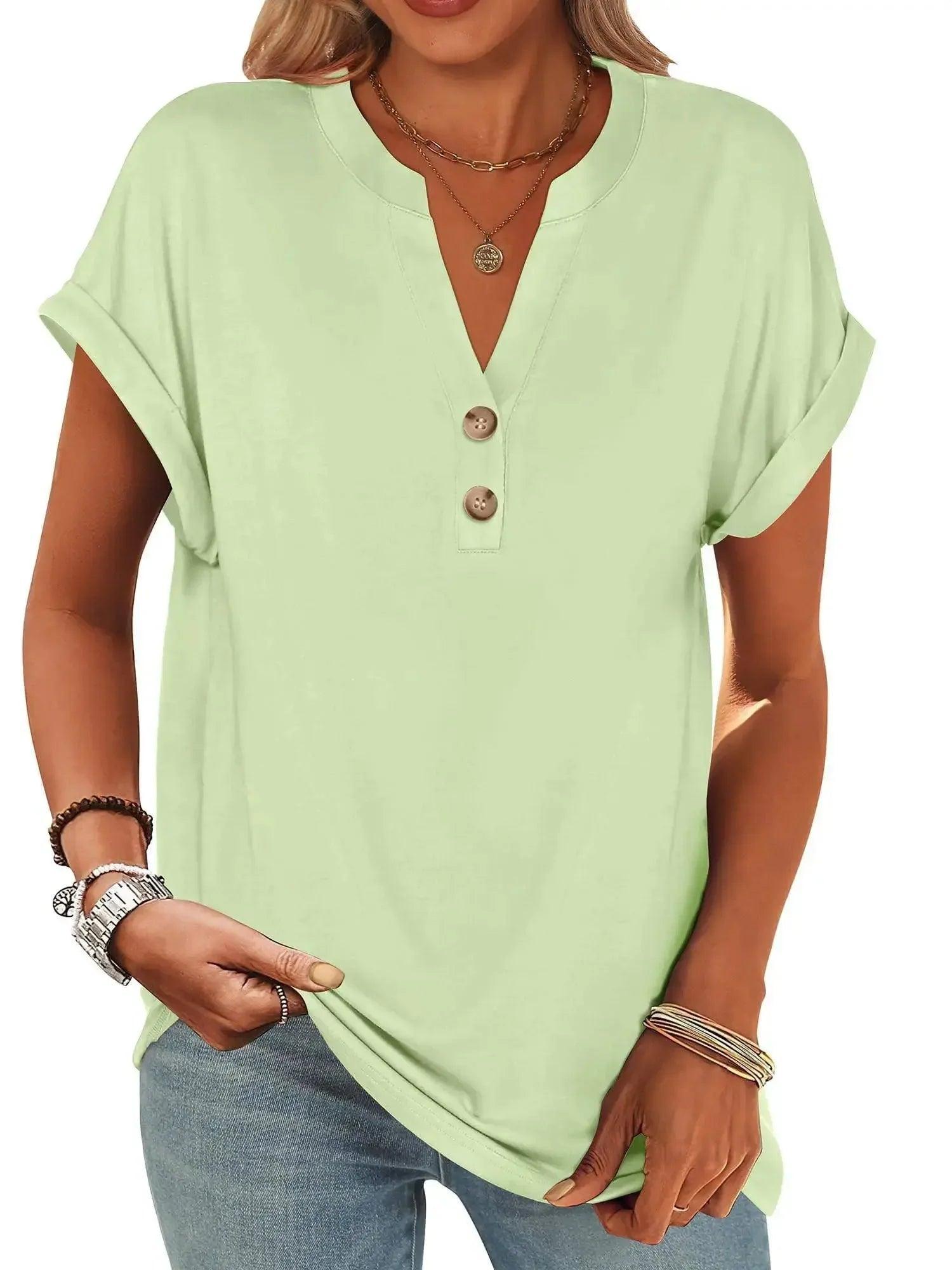 Light green women's V-neck button-front t-shirt with rolled sleeves, casual fashion top