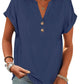 Navy blue women's V-neck button-up t-shirt with rolled sleeves, casual fashion top