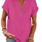 Pink women's V-neck button-front t-shirt with rolled sleeves, casual fashion top