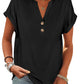 Black women's V-neck button-up t-shirt with rolled sleeves, casual fashion top