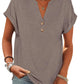Gray women's V-neck button-up t-shirt with rolled sleeves, casual fashion top