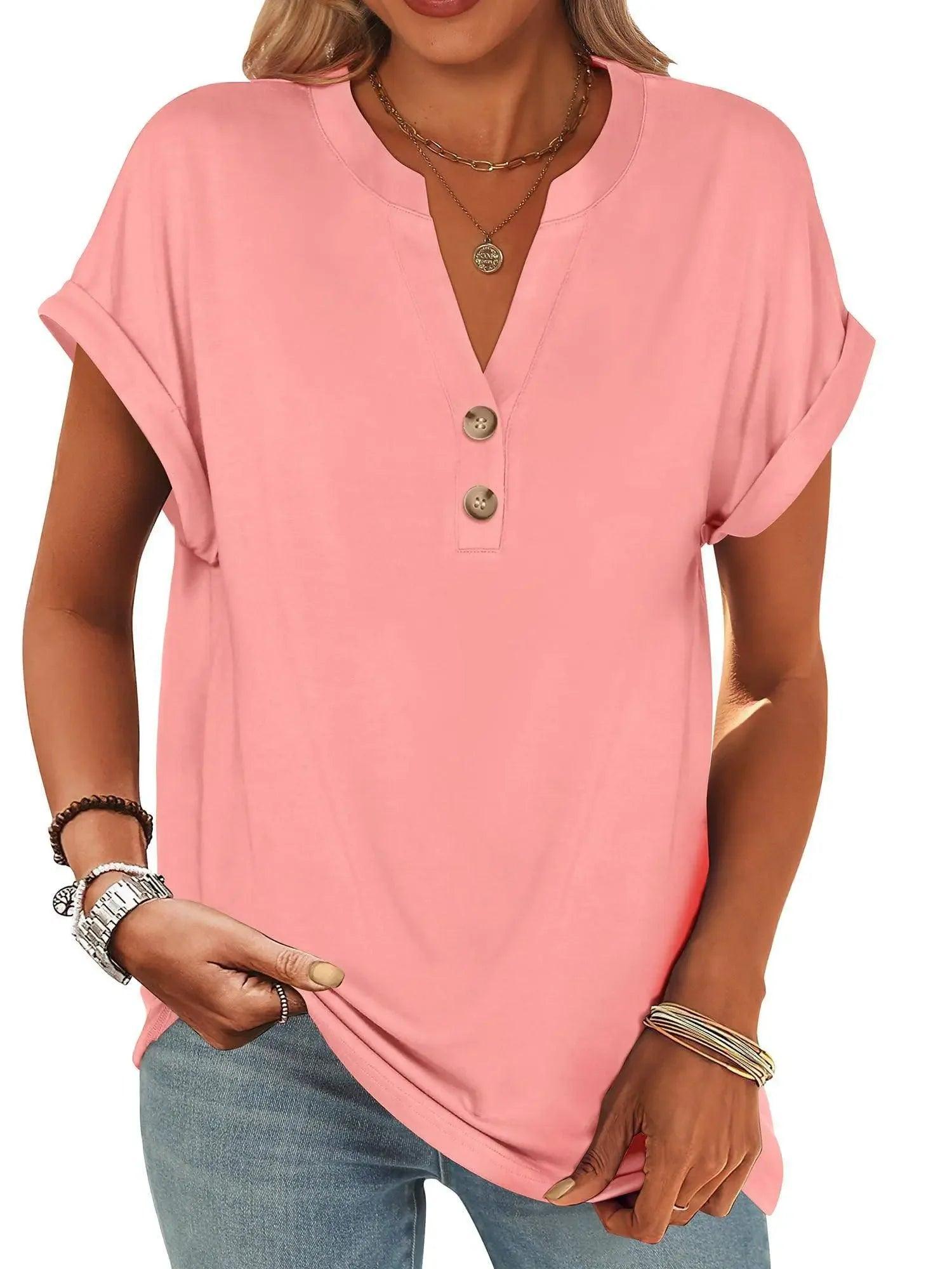 Pink women's V-neck button-up t-shirt with rolled sleeves, casual fashion top