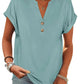 Light blue women's V-neck button-front t-shirt with rolled sleeves, casual fashion top