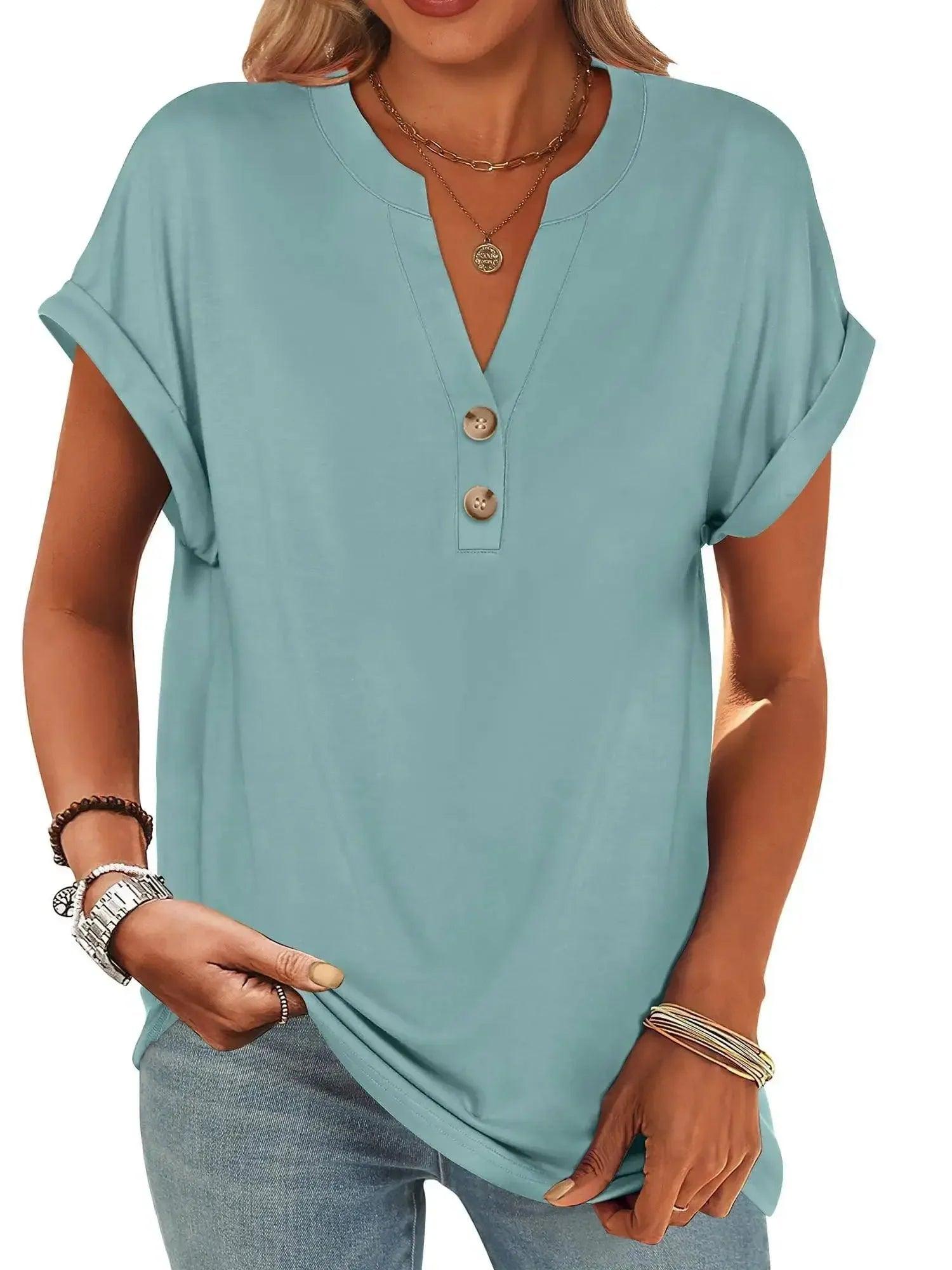 Light blue women's V-neck button-front t-shirt with rolled sleeves, casual fashion top