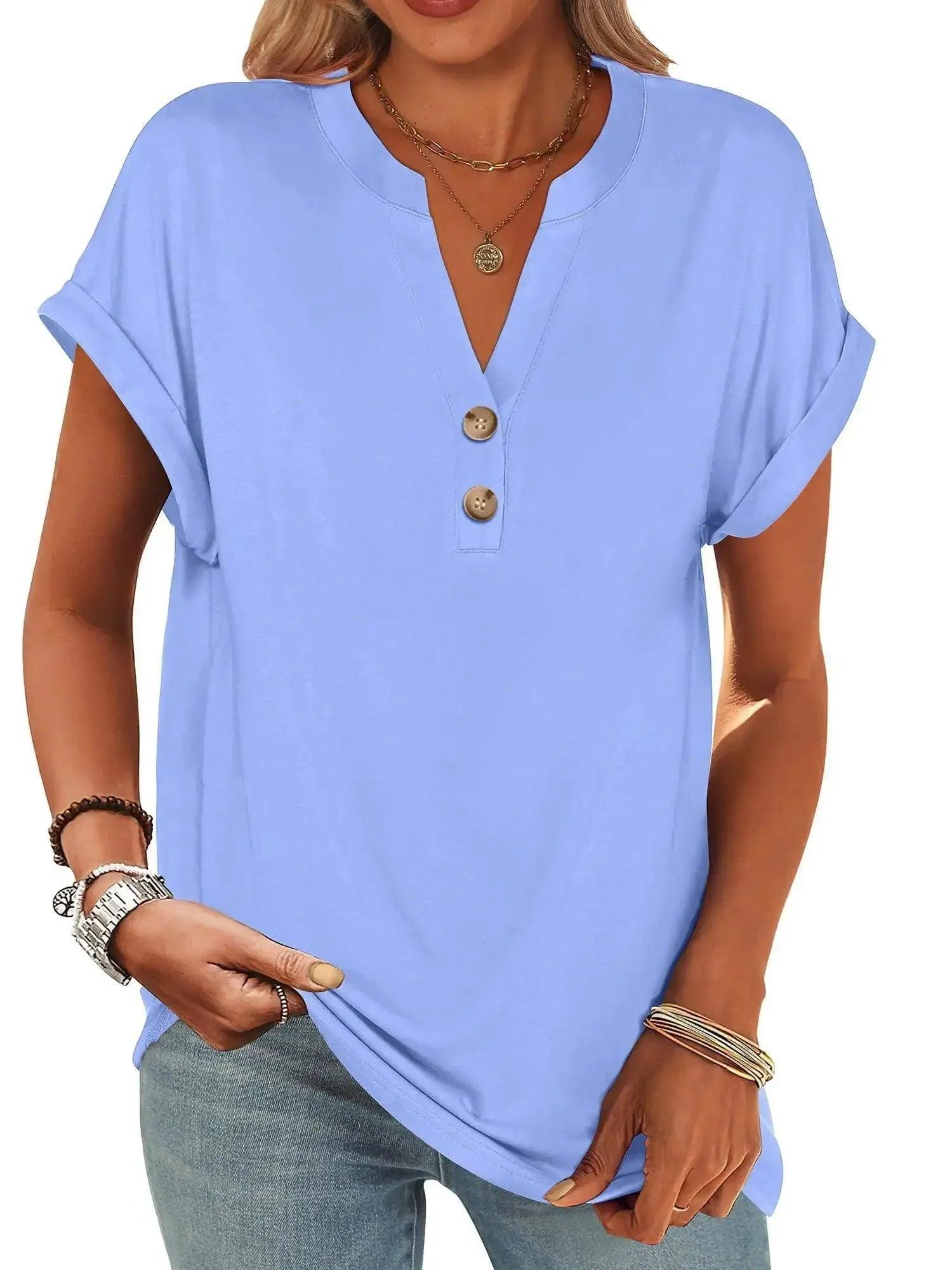 Light blue women's V-neck button-up t-shirt with rolled sleeves, casual fashion top
