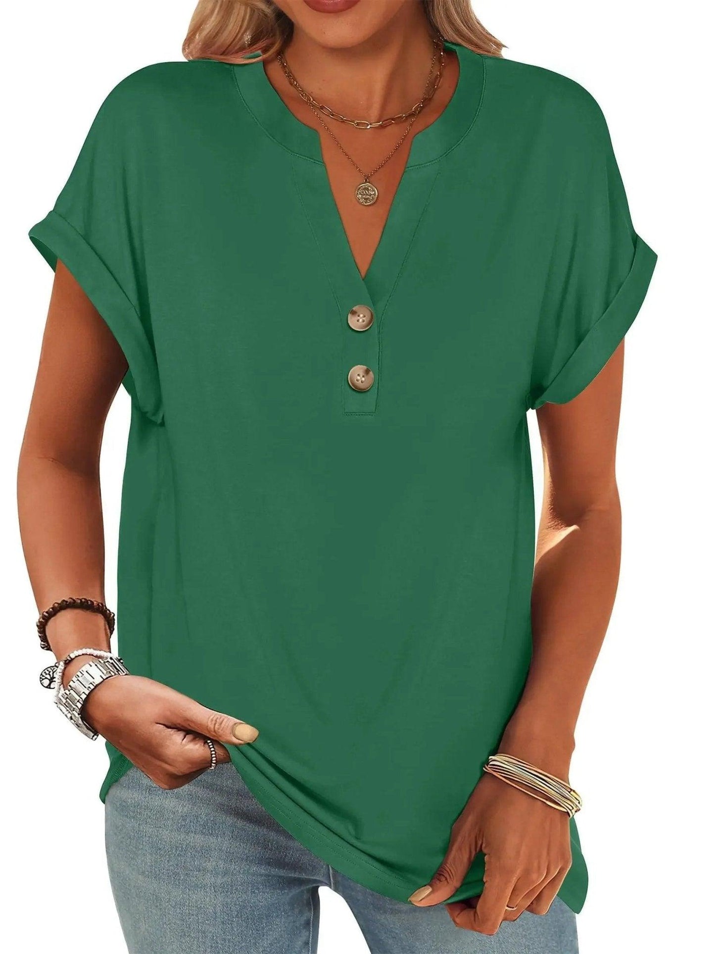 Green women's V-neck button-up t-shirt with rolled sleeves, casual fashion top