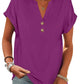 Purple women's V-neck button-up t-shirt with rolled sleeves, casual fashion top