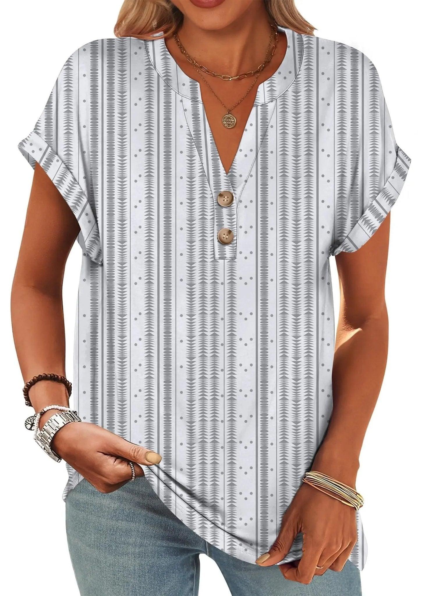 Women's geometric print V-neck button-up blouse with rolled sleeves, casual fashion top