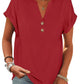 Red women's V-neck button-front t-shirt with rolled sleeves, casual fashion top