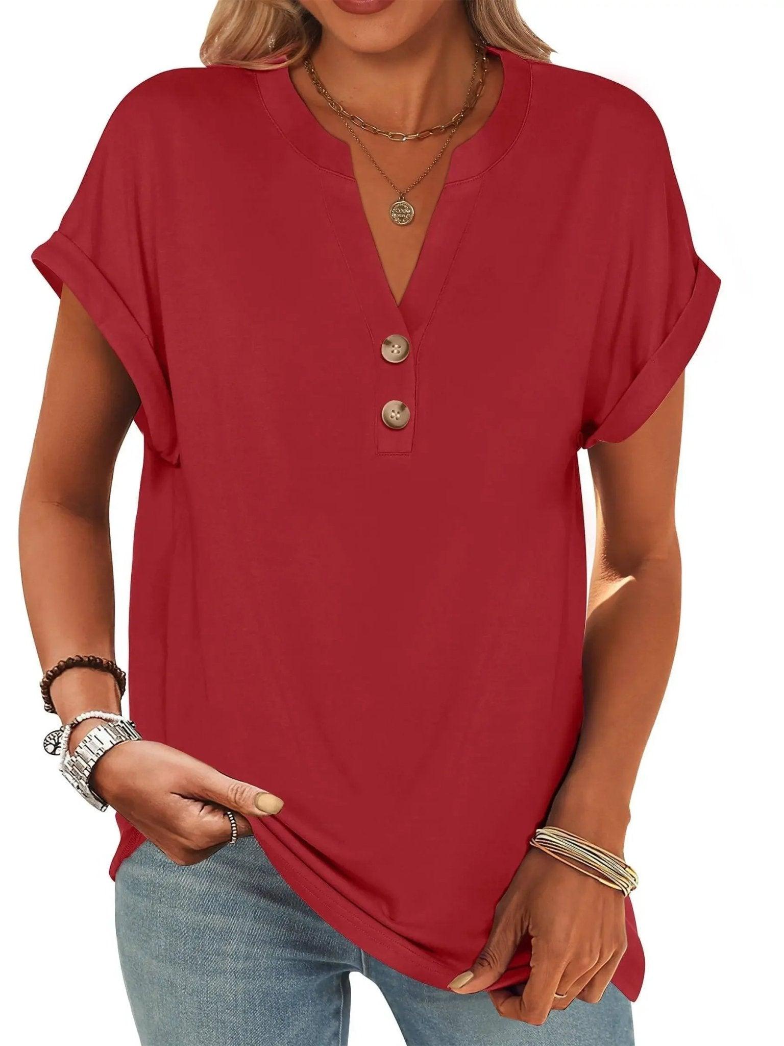 Red women's V-neck button-front t-shirt with rolled sleeves, casual fashion top