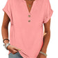 Pink women's V-neck button-front t-shirt with rolled sleeves, casual fashion top