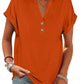 Orange women's V-neck button-front t-shirt with rolled sleeves, casual fashion top