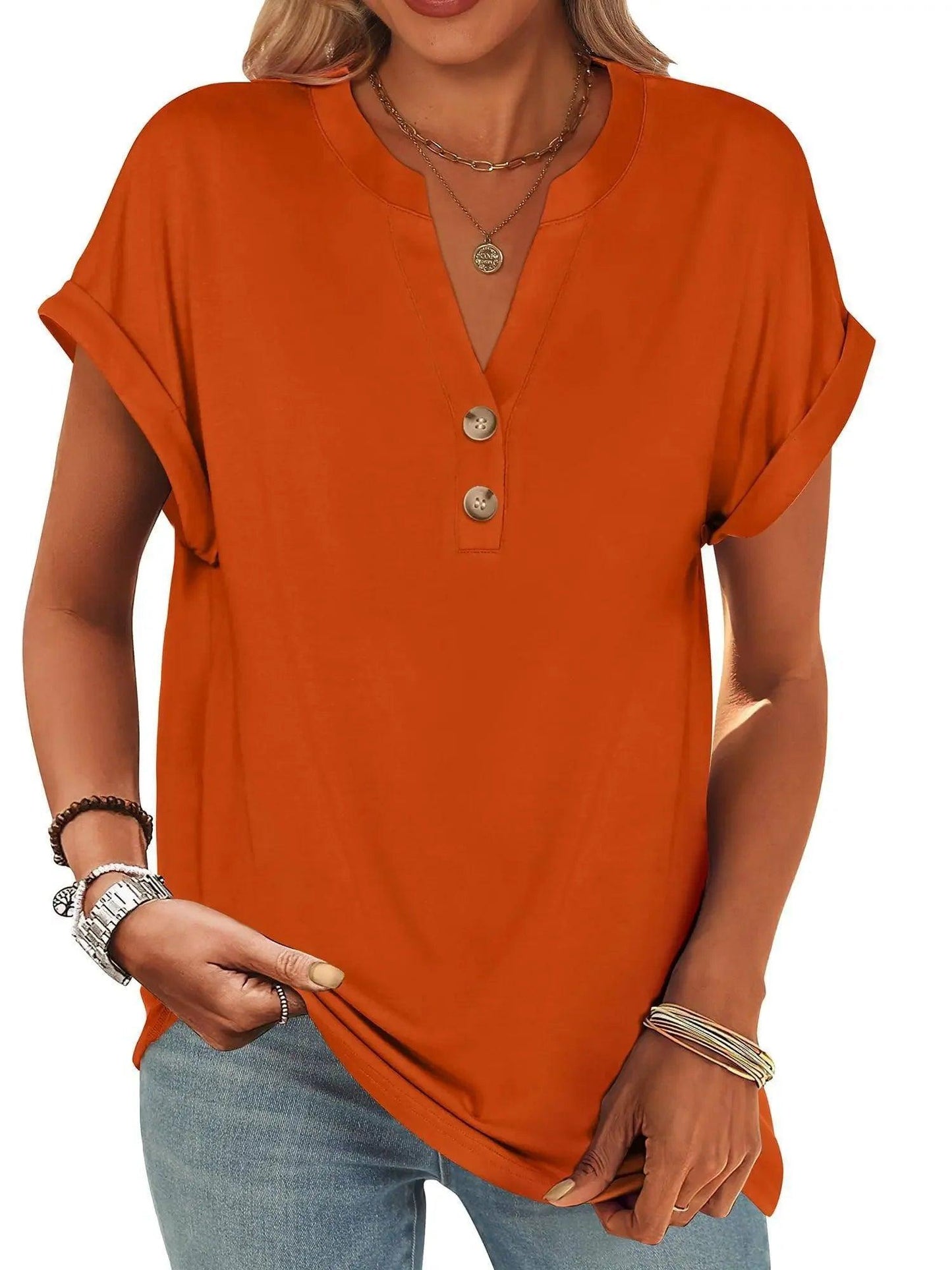 Orange women's V-neck button-front t-shirt with rolled sleeves, casual fashion top