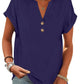 Navy blue women's V-neck button-front t-shirt with rolled sleeves, casual fashion top