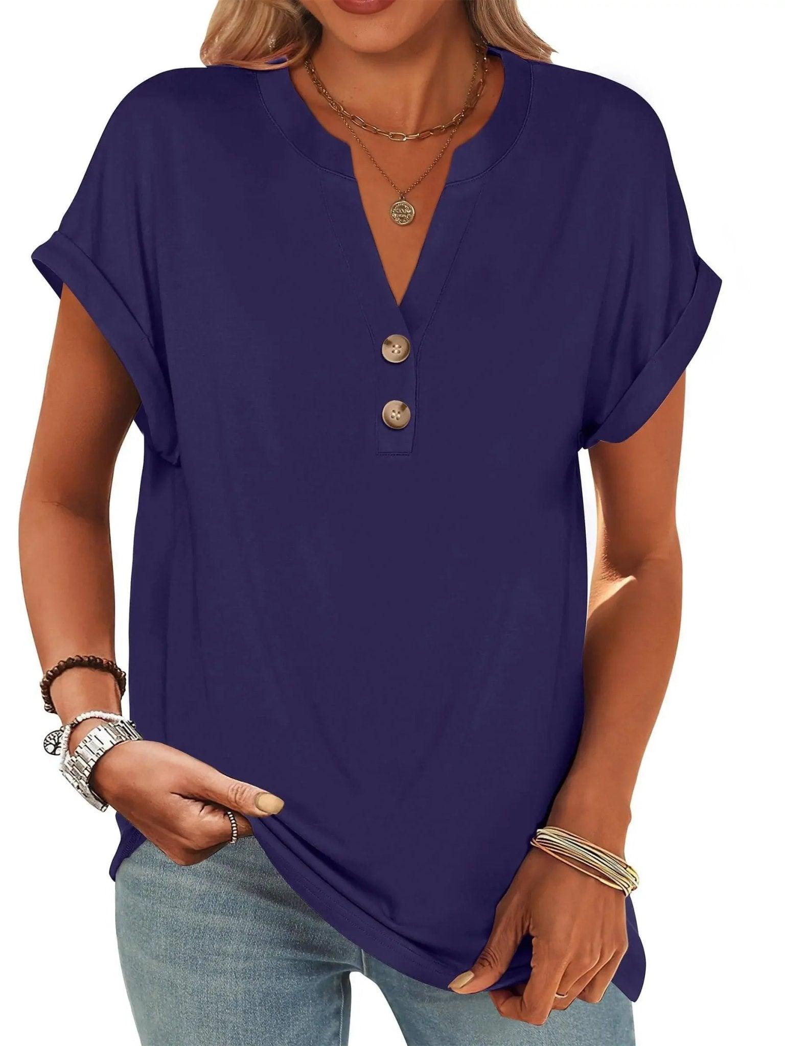 Navy blue women's V-neck button-front t-shirt with rolled sleeves, casual fashion top