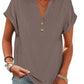 Grey women's V-neck button-up t-shirt with rolled sleeves, casual fashion top