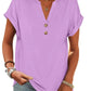 Lavender women's V-neck button-up t-shirt with rolled sleeves, casual fashion top