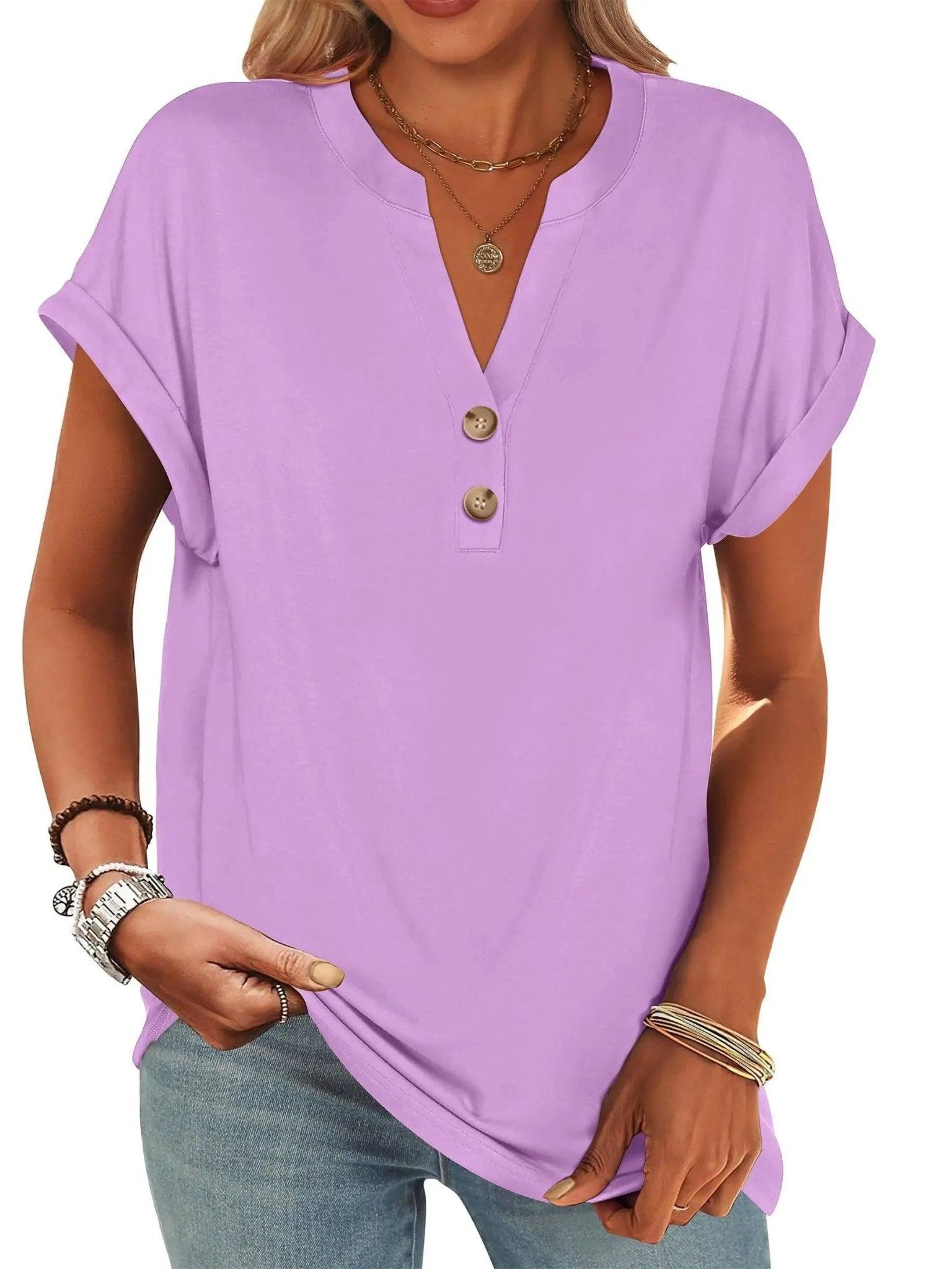 Lavender women's V-neck button-up t-shirt with rolled sleeves, casual fashion top