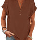 Brown women's V-neck button-up t-shirt with rolled sleeves, casual fashion top