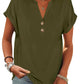 Olive green women's V-neck button-up t-shirt with rolled sleeves, casual fashion top