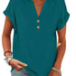 Teal women's V-neck button-front t-shirt with rolled sleeves, casual fashion top