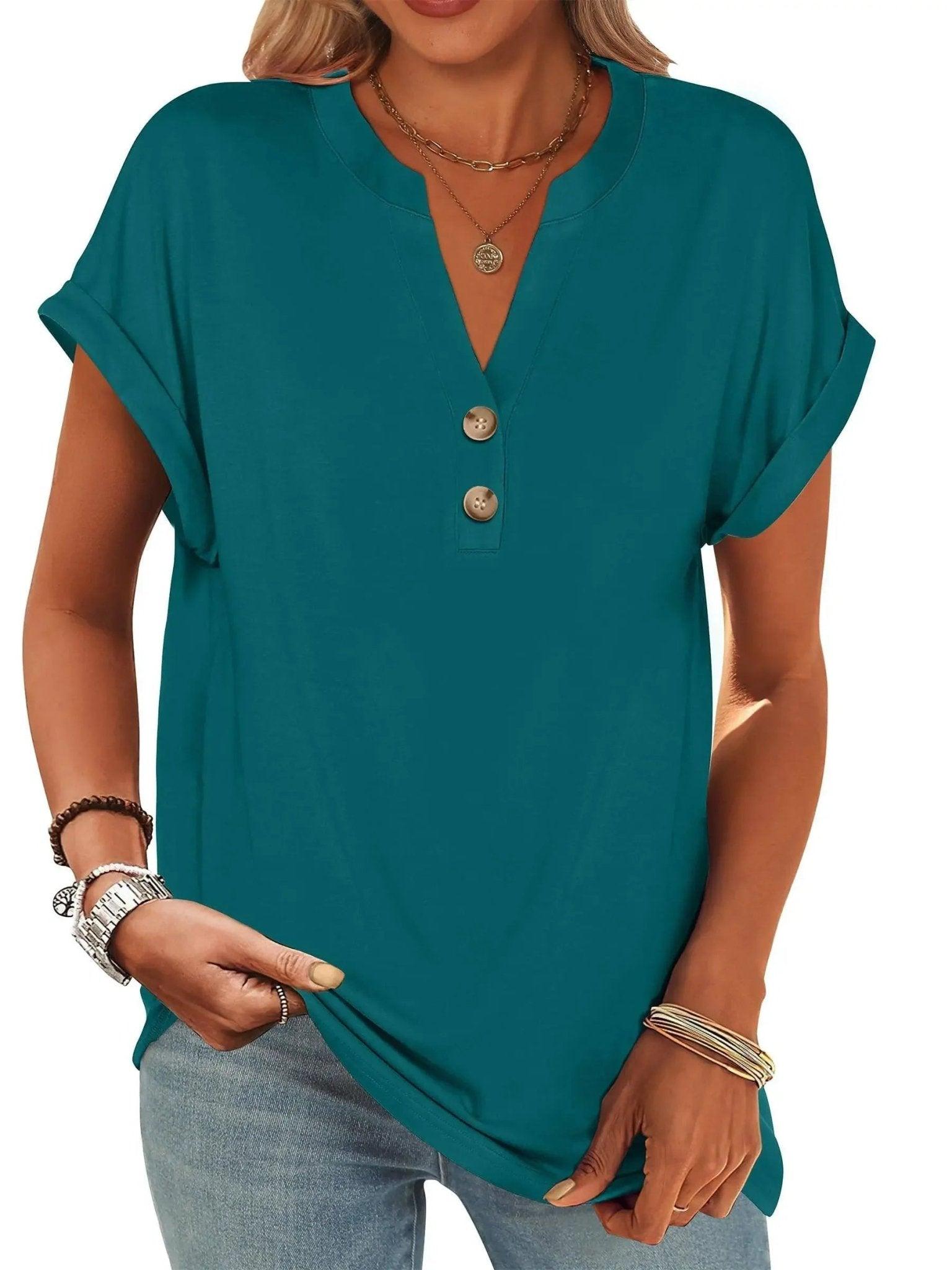 Teal women's V-neck button-front t-shirt with rolled sleeves, casual fashion top