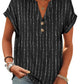 Black and white striped women's V-neck button-up top with rolled sleeves, casual fashion blouse